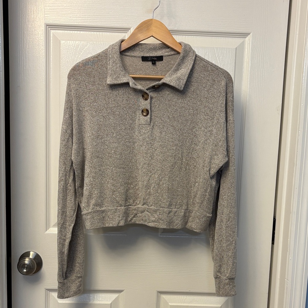 A New Day Cropped Button-Front Polo Sweater - Grey